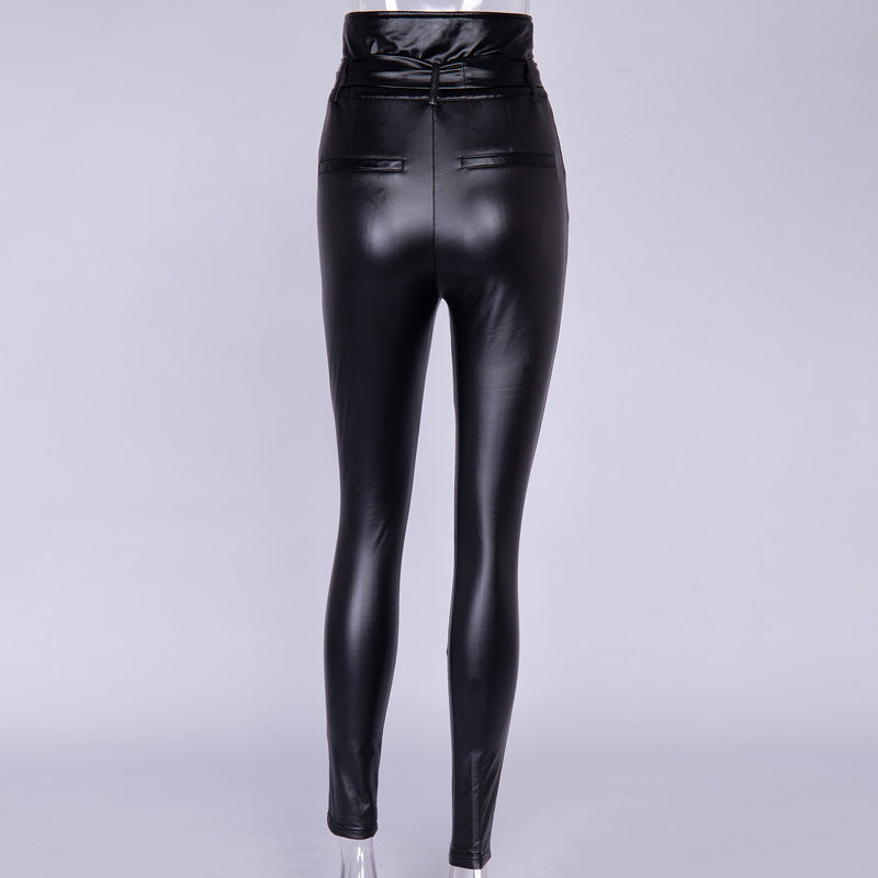 High waist pencil pants PU leather belt trousers