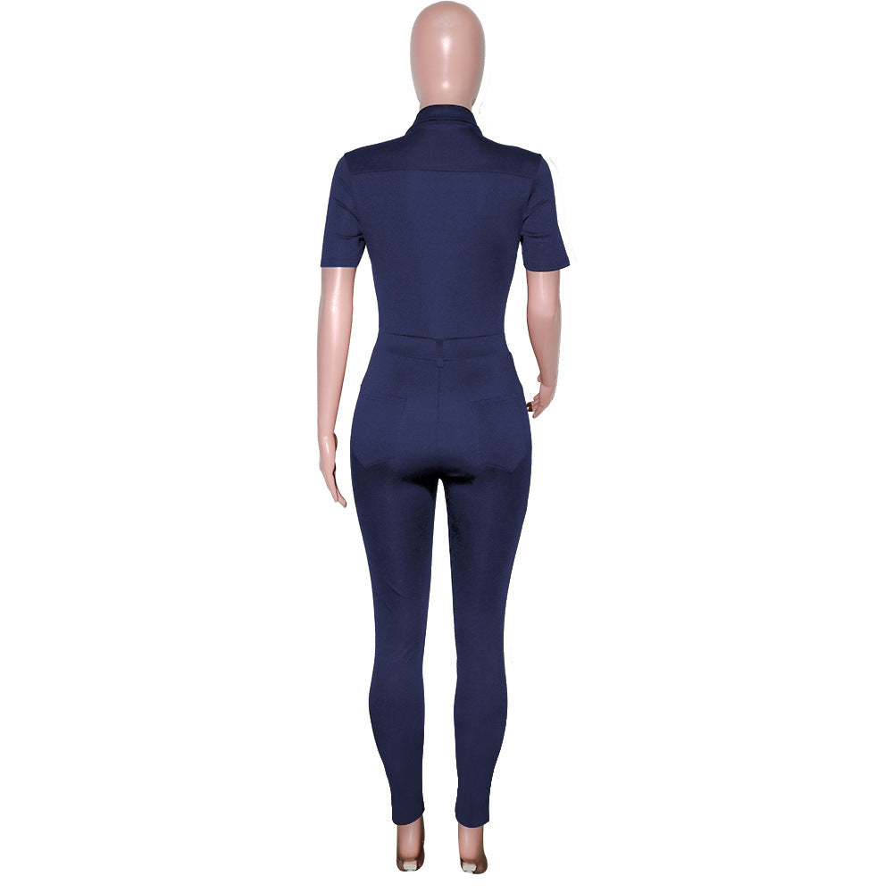 Women's Fashion Casual Solid Color Polo Collar Short-sleeved Single-breasted Jumpsuit