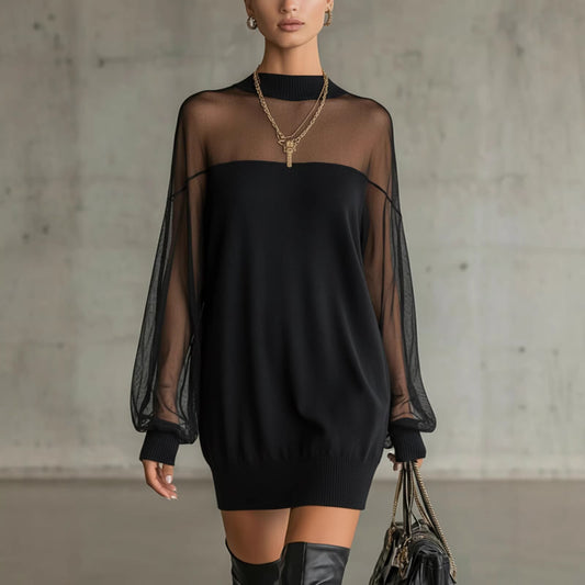 Womens European And American-style Springautumn Mesh Patchwork Mini Skirt O Neck Long Sleeve Pullover Party Dresses