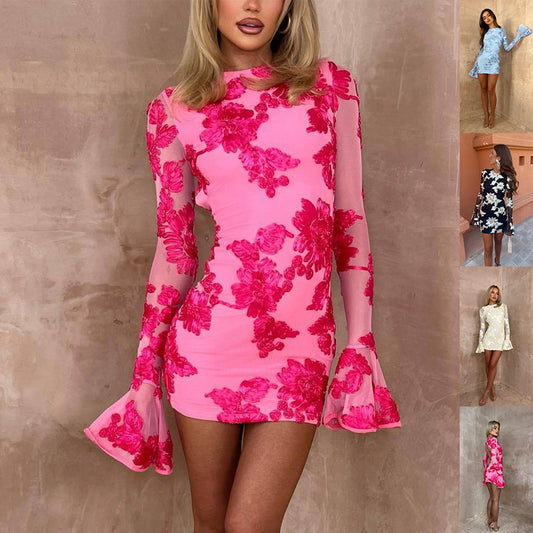Flowers Bell-sleeved Dress Fashion Sexy Slim Long-sleeved Mesh Dresses For Party Club Women Clothing